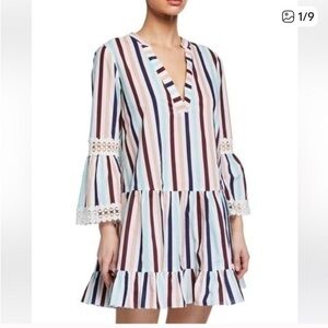 SHOSHANNA Umbrella Stripe Lace Trim Long Sleeve Tiered Swim Coverup